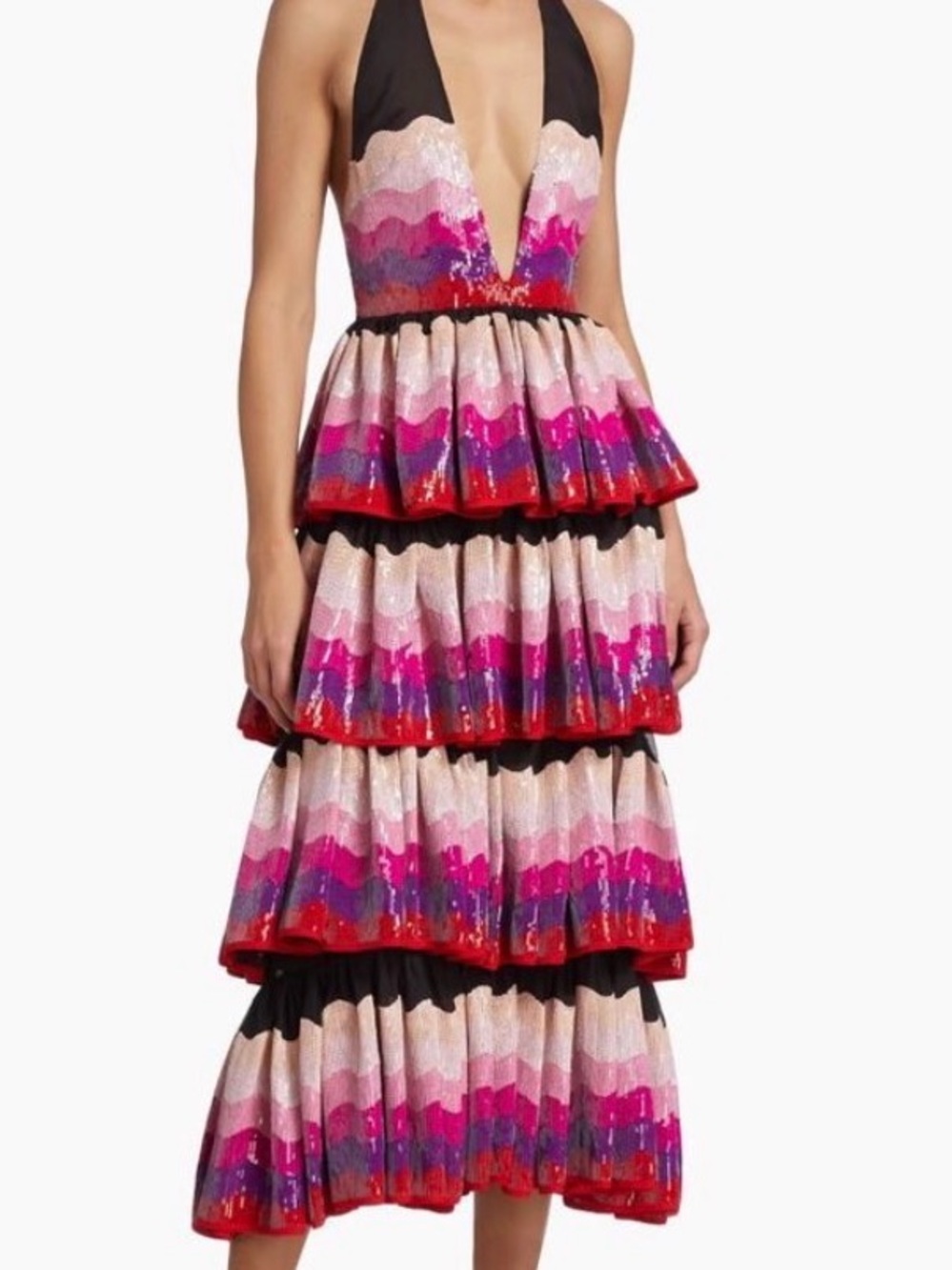 NEW HALPERN Multi-Tiered Sequin Ruffled V-Neck Dress - shades of pinks & purples